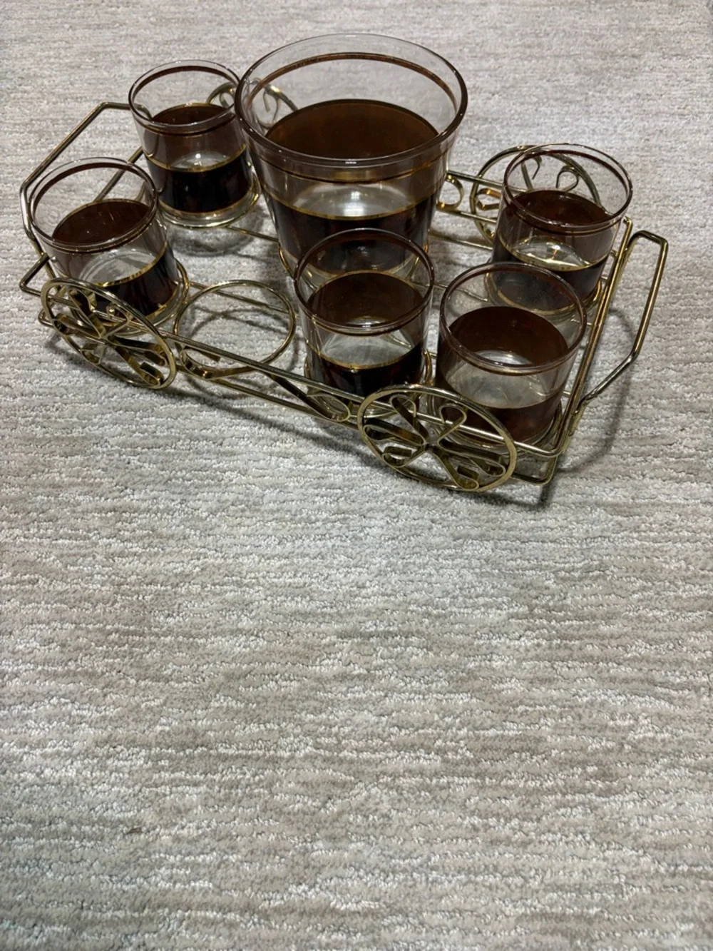 Culver Tortoise 22K. trimmed bar set in original classic wagon shaped carrier